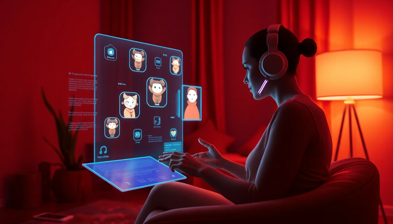Interactive AI sex chatbot interface in a cozy, ambient-lit room.
