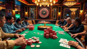 A lively game bài table with players strategizing their next move amidst colorful poker chips and cards.