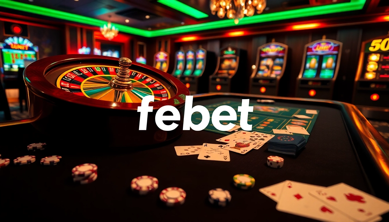 Experience thrilling gaming at Febet with vibrant casino elements like roulette wheels and poker cards.