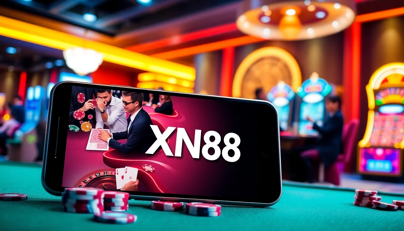 Gamblers enjoying games on the xn88 app interface on smartphones in a dynamic casino setting.