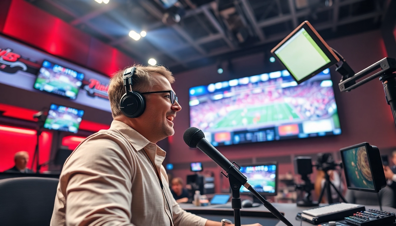 Sports Broadcasting commentator in a vibrant studio, engaging the audience with dynamic visuals.