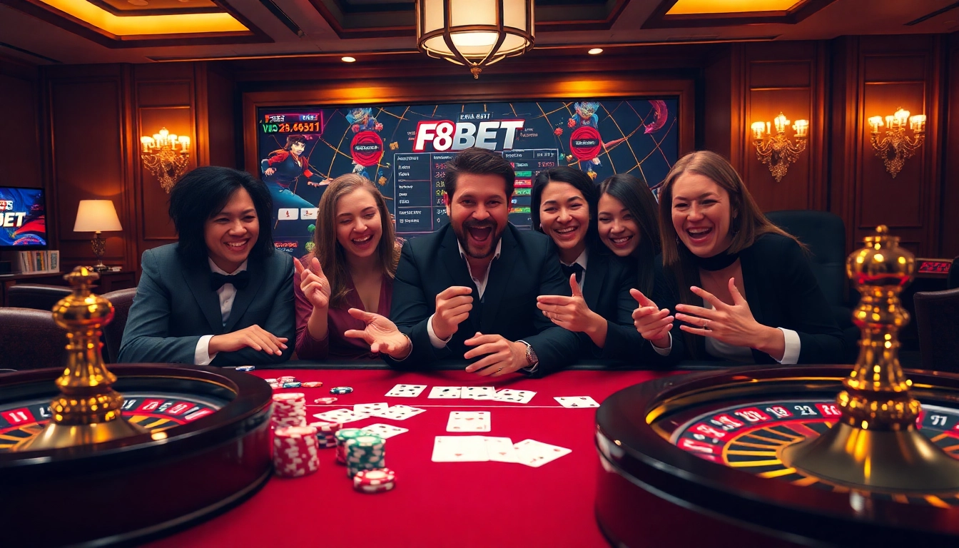 F8BET players engage in an exciting poker game at a luxurious casino table with cards and chips.