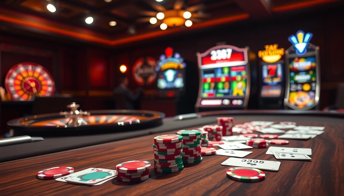 33win players enjoying an upscale poker game at a luxurious casino table with vibrant chips and cards.