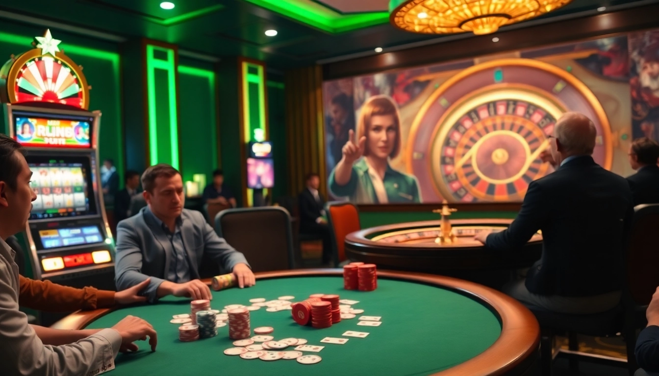 Engage in high-stakes gambling at CM88 with a vibrant casino scene filled with poker tables and slots.